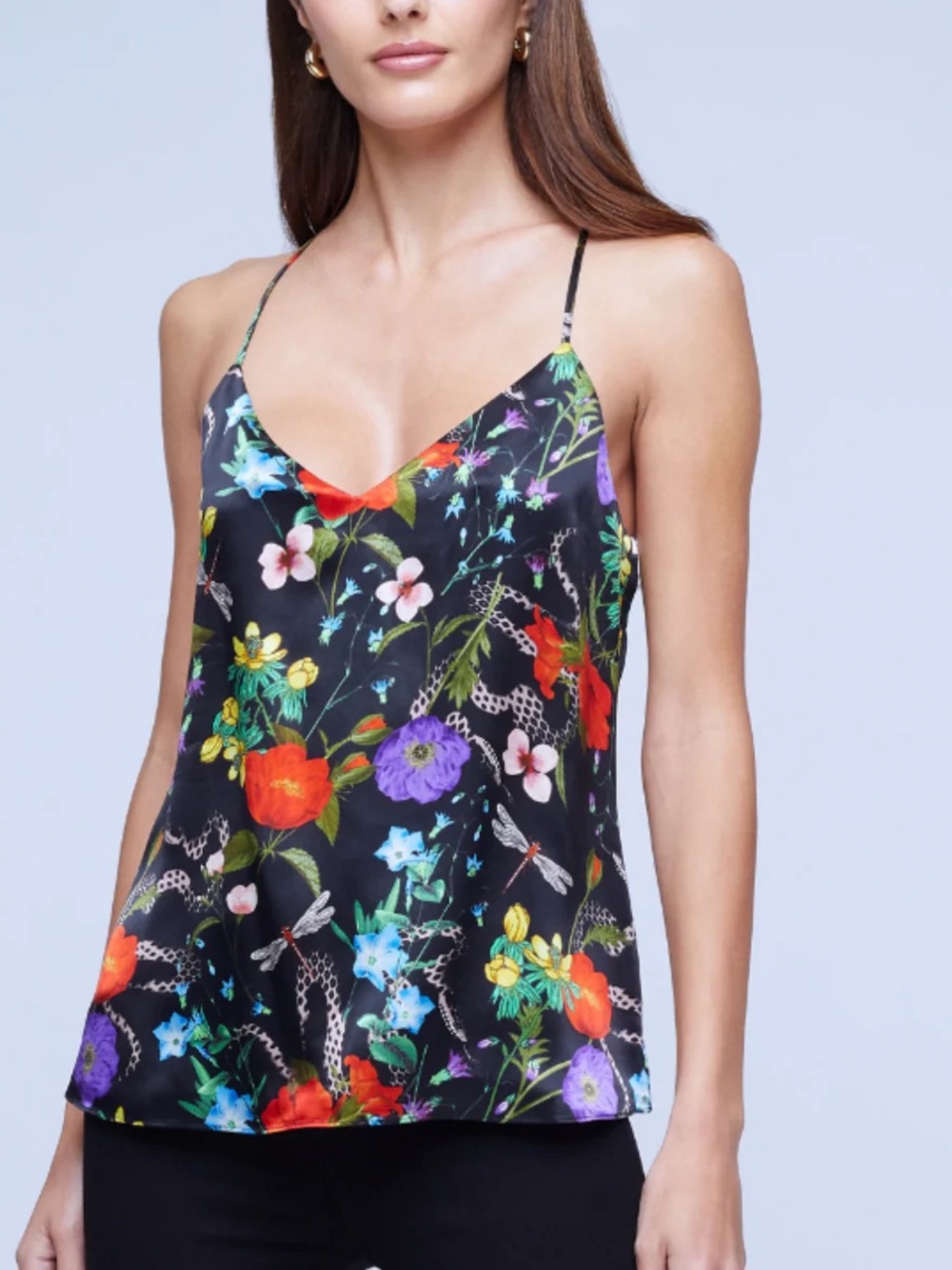 L'AGENCE Black Floral Silk Camisole with Multicolor Blooms SIZE L